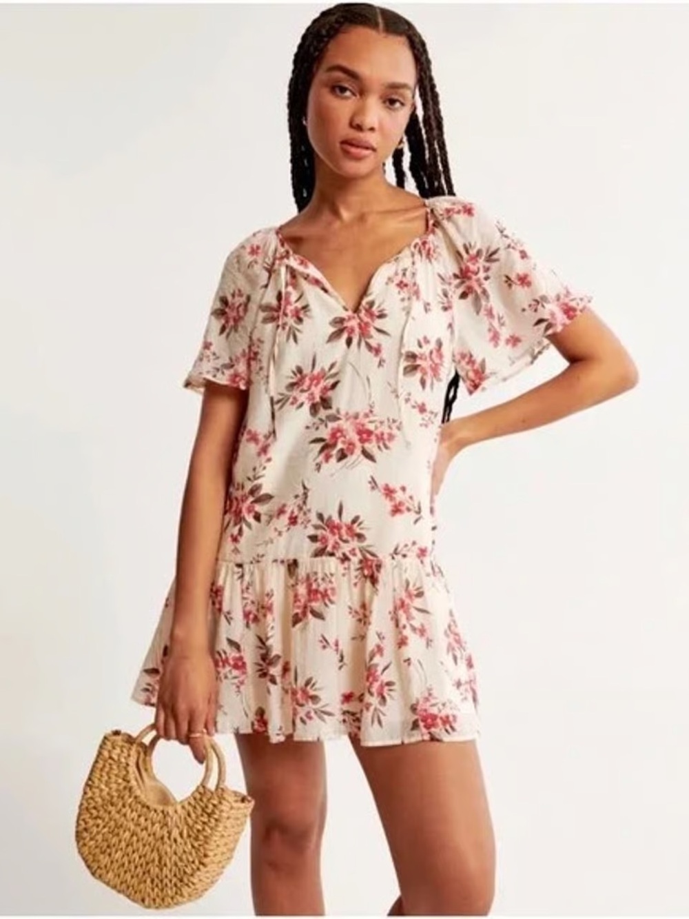 Abercrombie Cream Floral Short Dress with Pink Flower Print